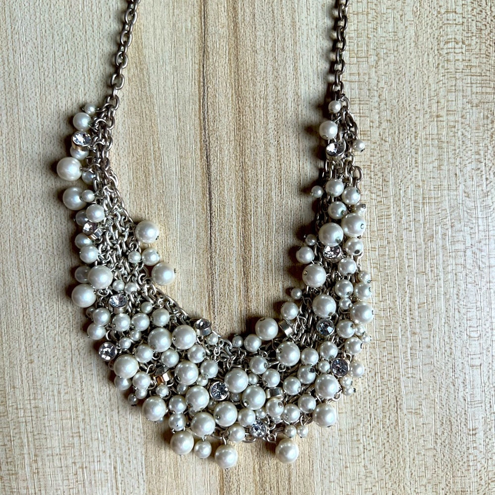 Silver Pearl And Rhinestone Statement Necklace - image 1